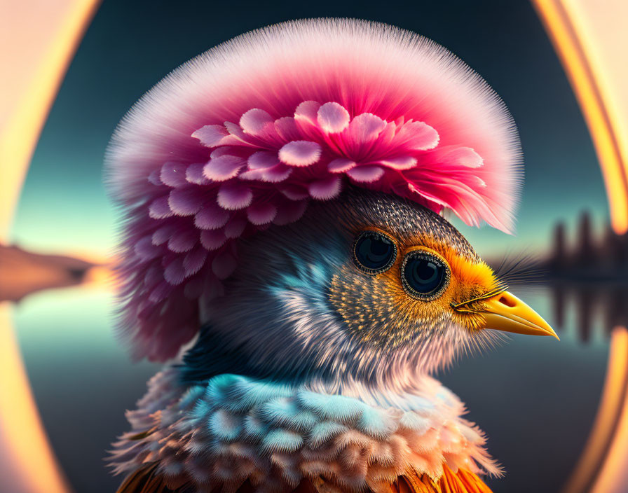 Digitally altered bird image with whimsical feather hat in pink and purple.