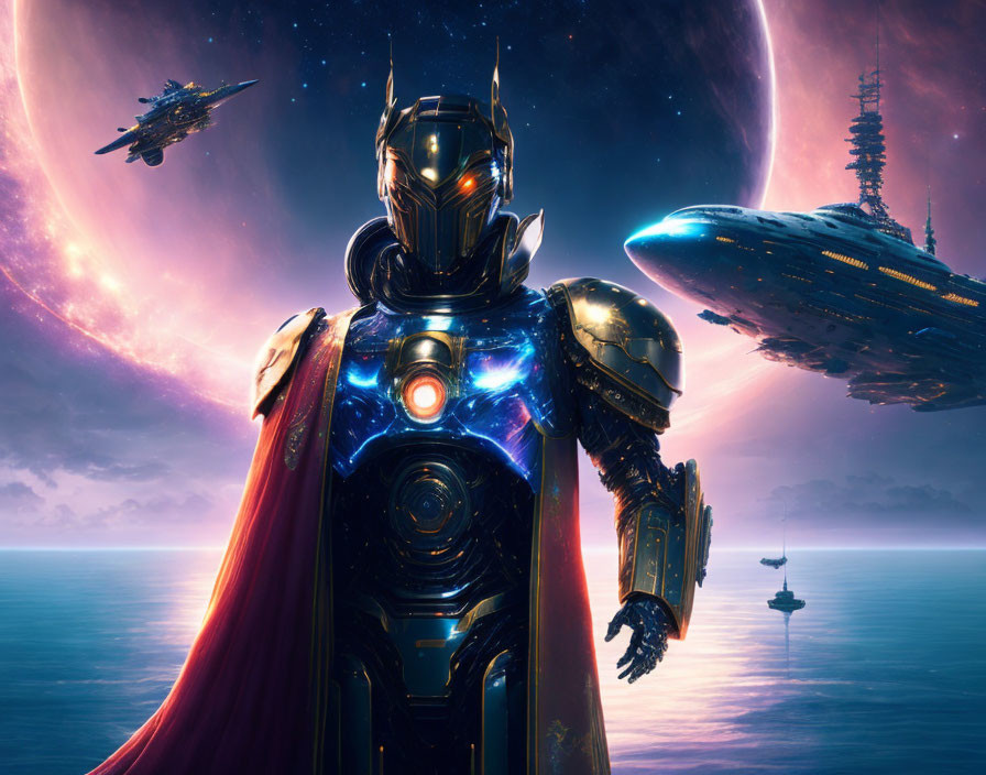 Armored figure with cape in futuristic cosmic scene