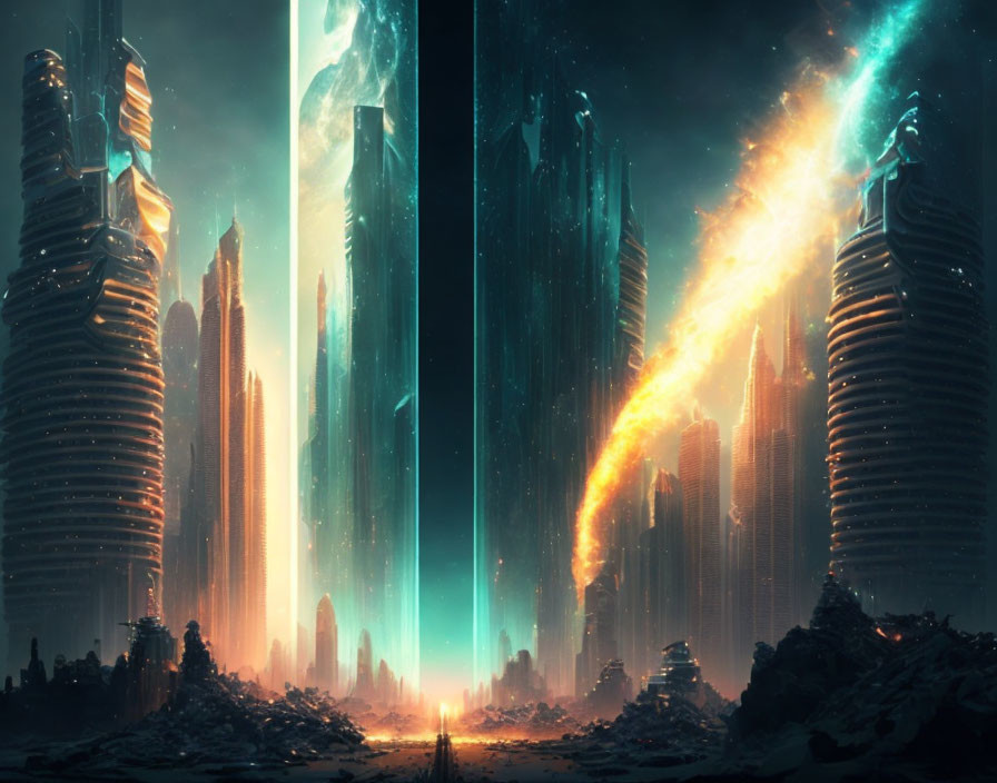 Futuristic cityscape with glowing portal and energy streaks