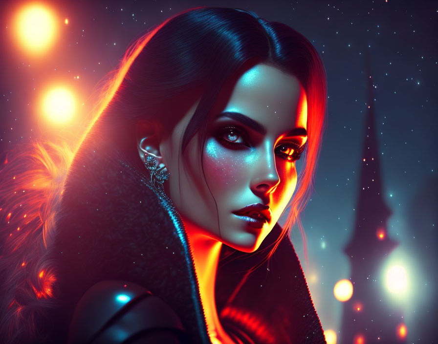 Digital artwork: Woman with glowing makeup in futuristic attire on neon-lit starry background