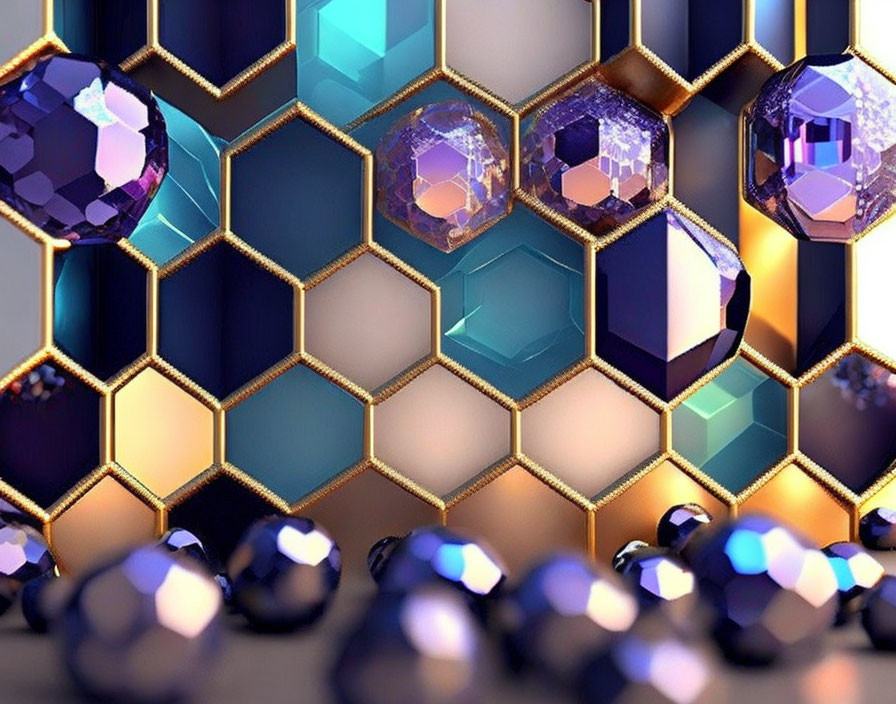 Luxurious 3D Geometric Pattern with Gold Hexagons and Jewel Tones