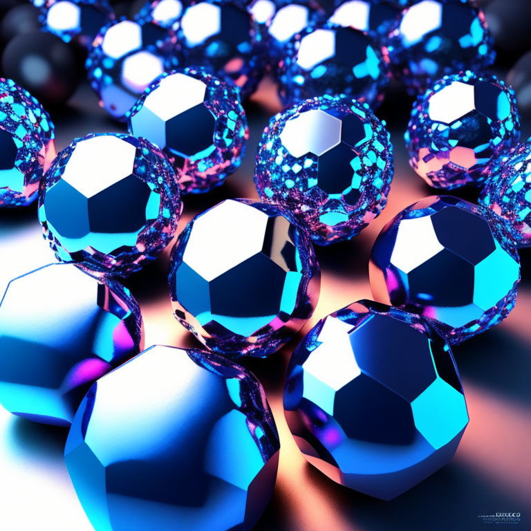 Blue and Black Patterned Spheres with Multicolored Glow