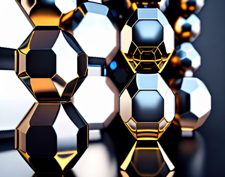 Interconnected Metallic Geometric Shapes on Blurred Background