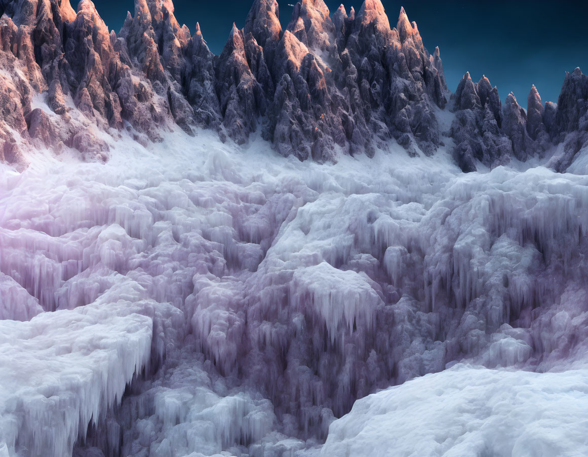 Snow-covered peaks and frozen forest landscape under subdued sky