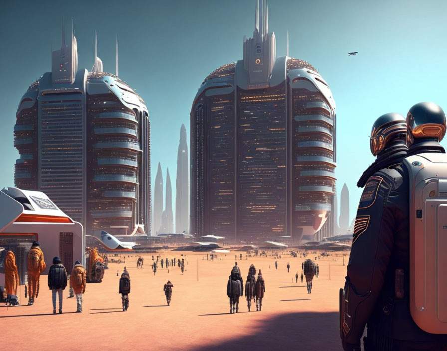 Modern cityscape with skyscrapers, people in futuristic attire, and a spaceship in a desert setting