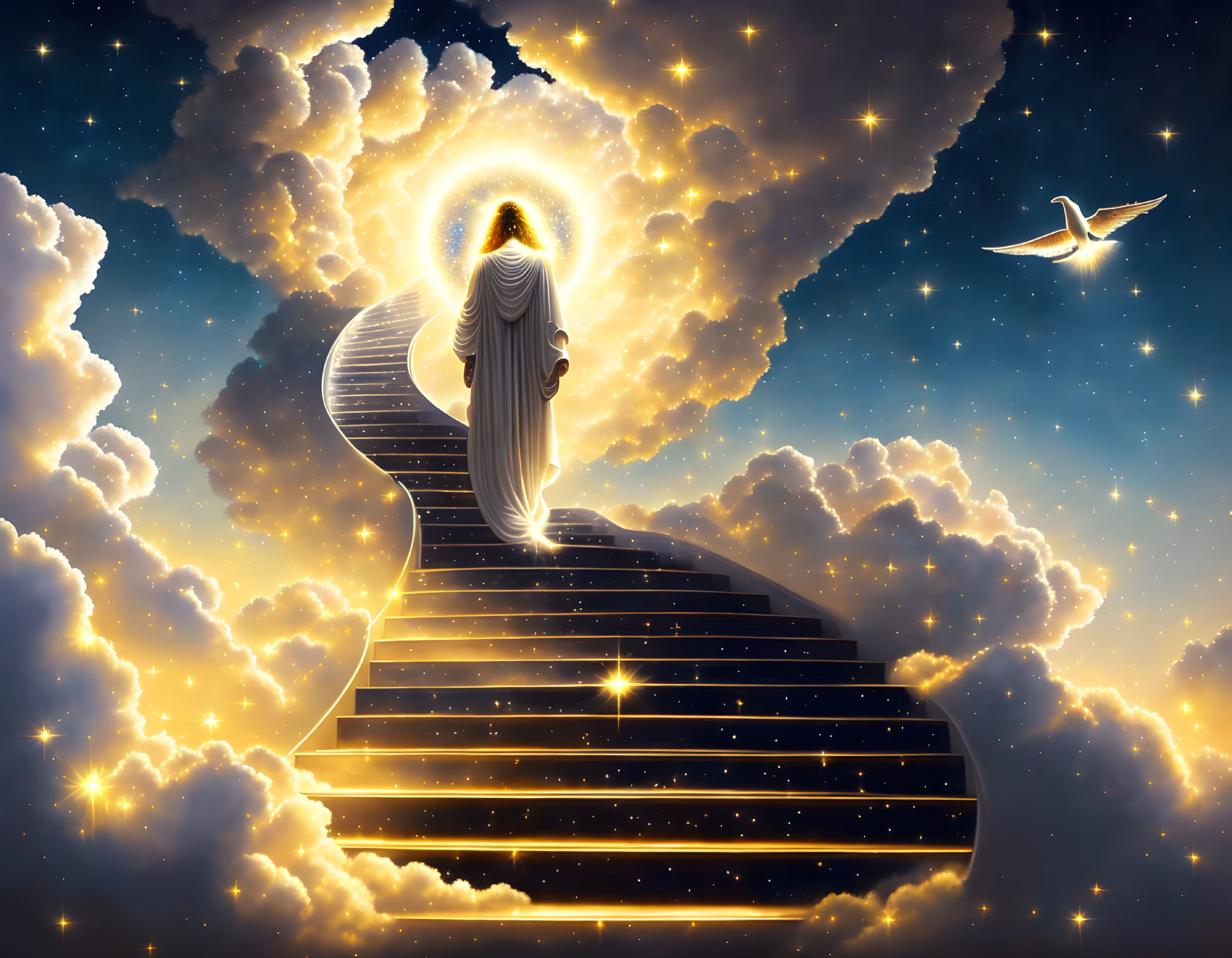 Ethereal figure with halo on stairway surrounded by stars and dove