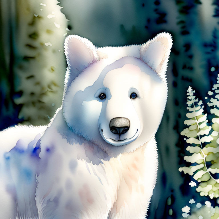 White Bear Watercolor Illustration Among Blue Foliage