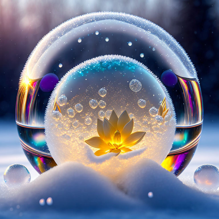 Lotus Flower in Translucent Bubble on Snow with Mystical Background