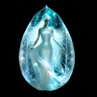 Ethereal woman in luminescent leaf cloak against dark backdrop