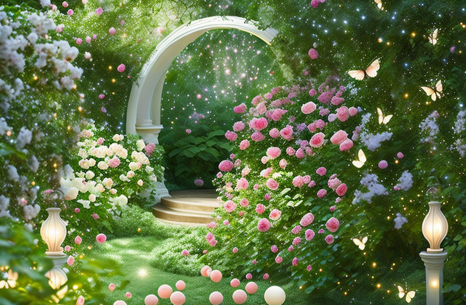 Lush garden with archway, pink flowers, lanterns, and sparkles