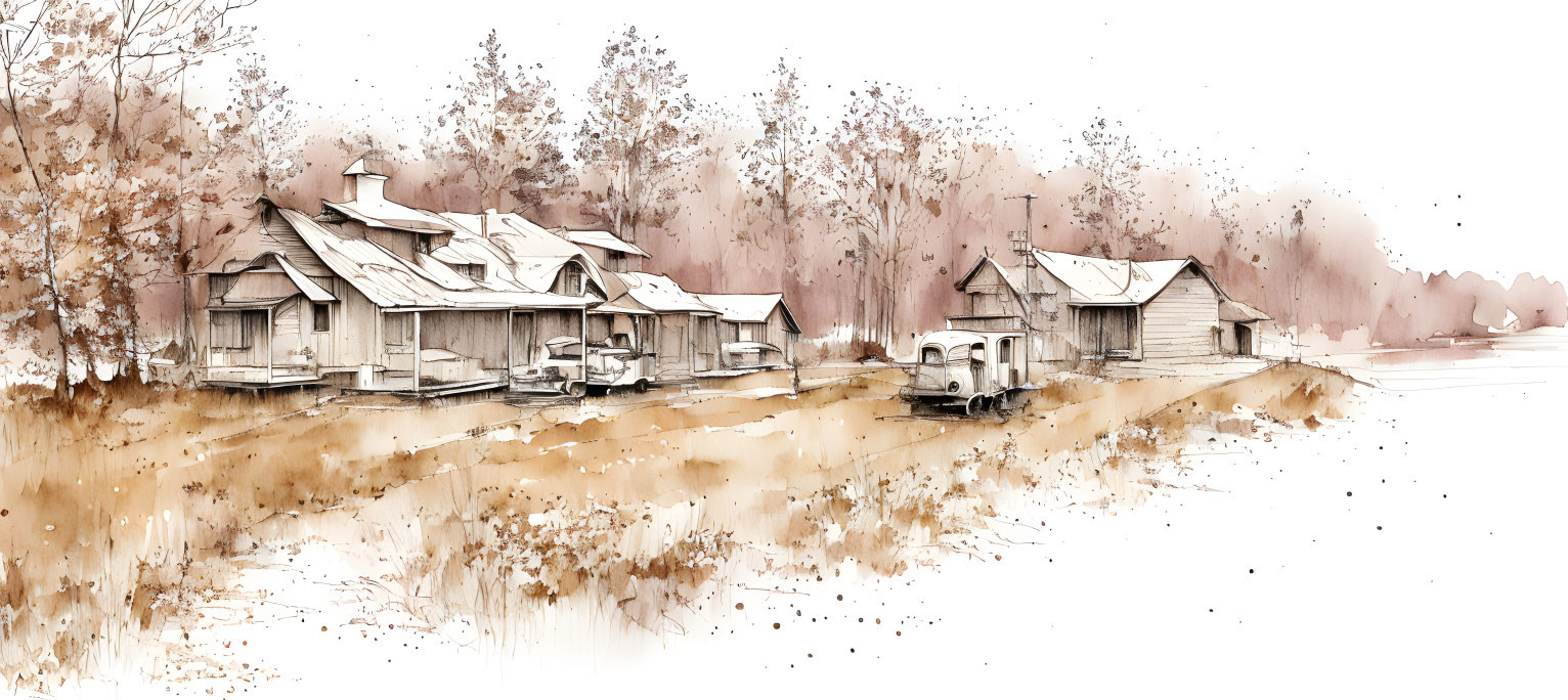 Sepia-Toned Sketch of Rural Scene with Houses, Cars, and Trees