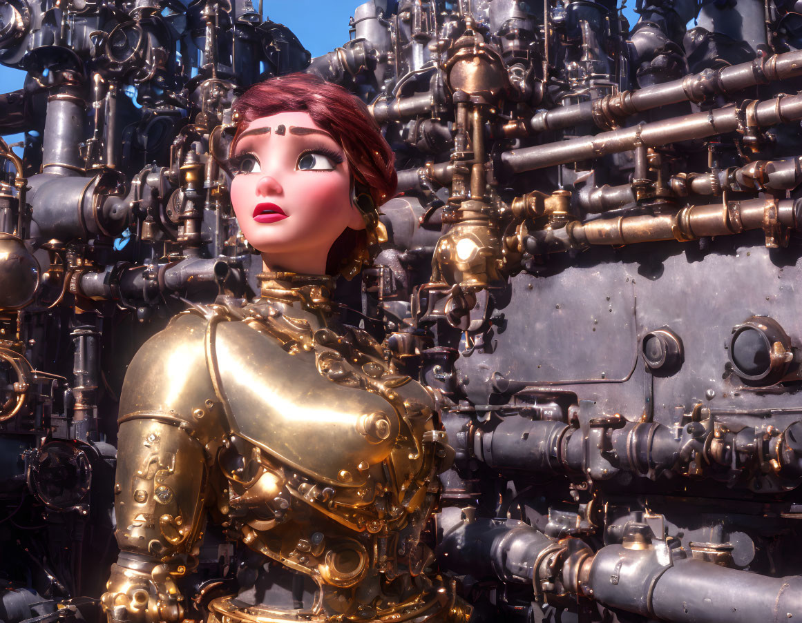 Female Steampunk-Style Automaton in Brass Armor Amid Mechanical Parts