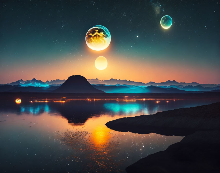 Fantastical landscape with celestial bodies, serene lake, and silhouetted mountains at dusk