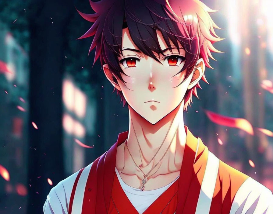 Anime-style male character with messy black hair, red eyes, white shirt, red vest, necklace,