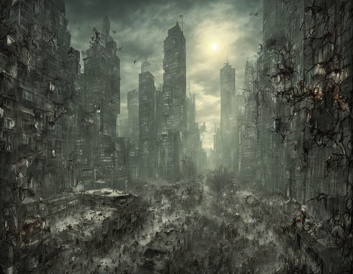 Dystopian cityscape with crumbling buildings and overgrown vines