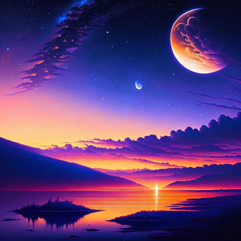 Surreal purple sunset digital artwork with crescent moon and shooting star