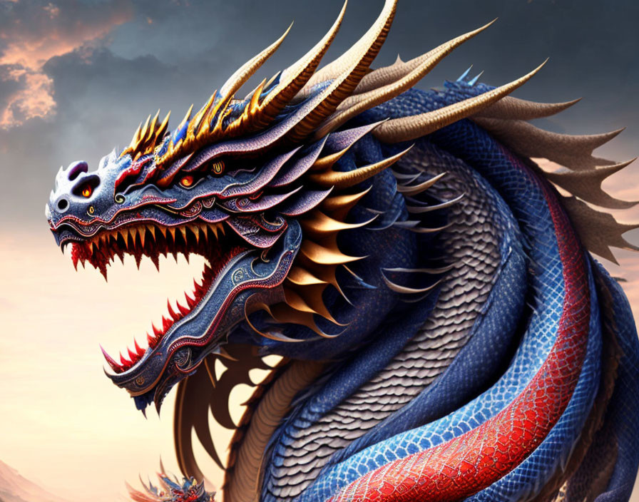 Detailed Dragon Illustration with Blue and Gold Scales under Dramatic Sky