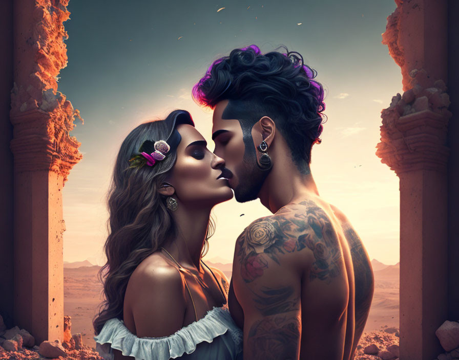 Stylized couple kissing in desert ruins at dusk