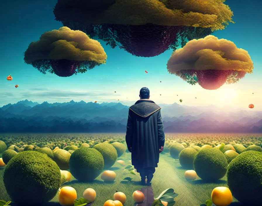 Cloaked Figure in Surreal Landscape with Floating Islands and Apples