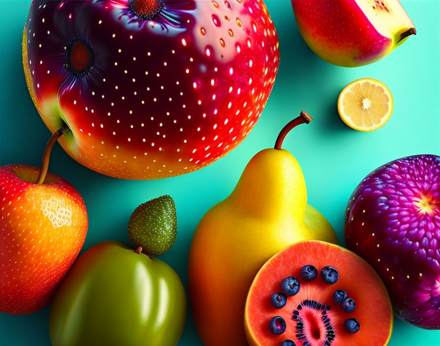 Colorful digitally-altered fruits on teal background: red-dotted strawberry-apple hybrid, purple orange