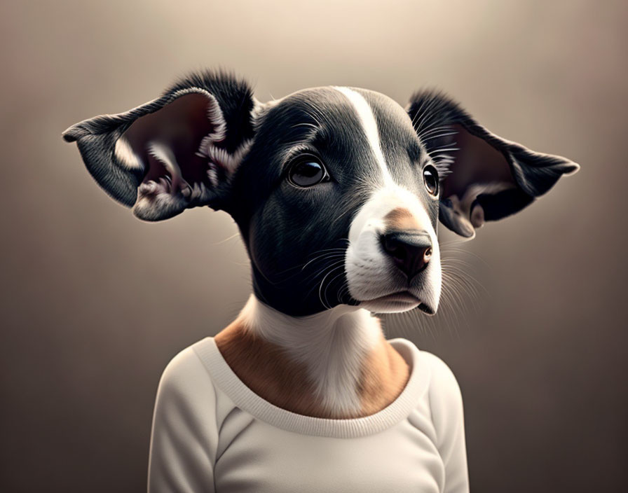 Digital artwork: Creature with dog's head and large ears on humanoid body in white shirt on brown backdrop
