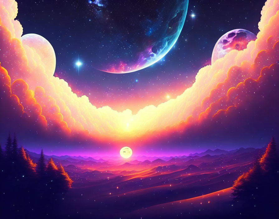 Surreal landscape with pink and orange clouds, three moons, stars, and silhouetted