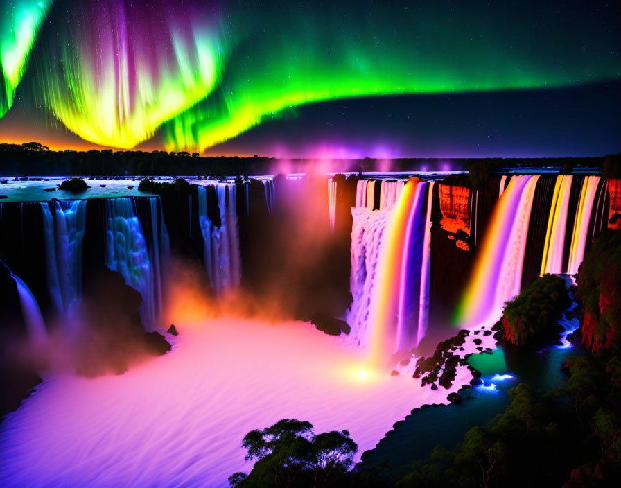 Majestic illuminated waterfall under vibrant aurora borealis