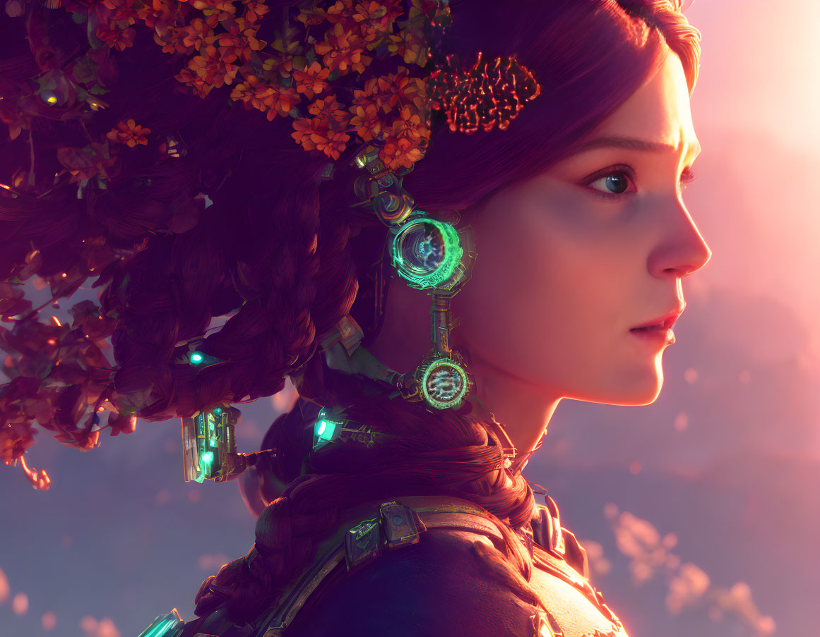 Futuristic woman with earpiece and orange blossoms in hair on glowing backdrop