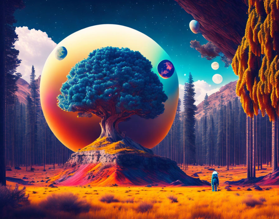 Surreal landscape with oversized tree and vibrant colors