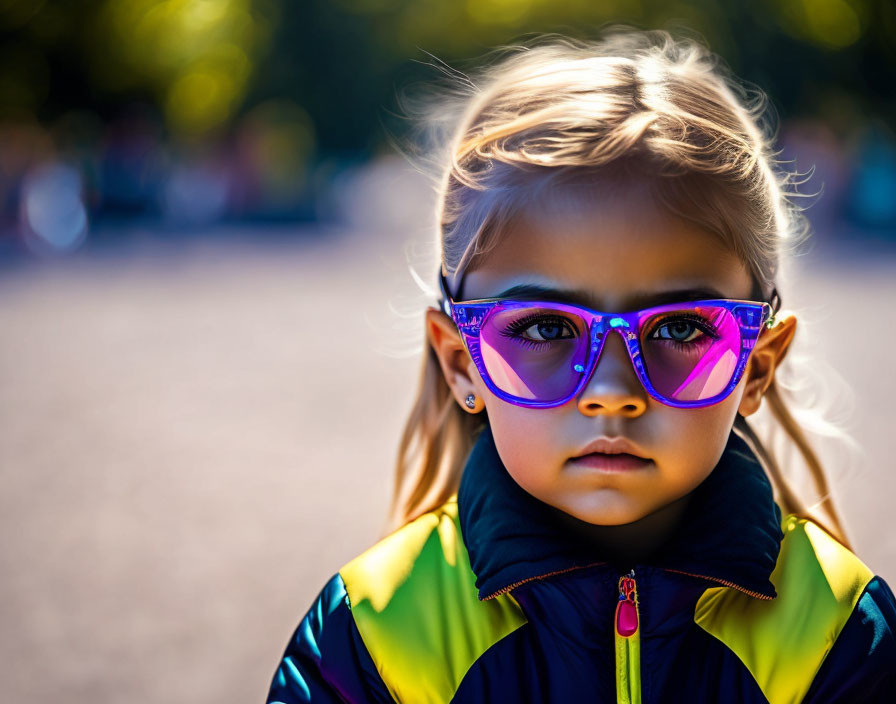 Child with Blue Eyes in Purple Sunglasses and Colorful Jacket Outdoors