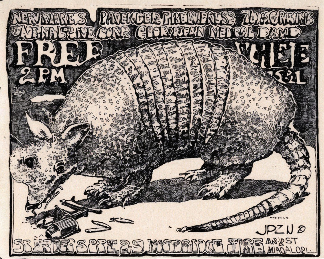 Vintage armadillo illustration with event details in newspaper ad style