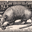 Vintage armadillo illustration with event details in newspaper ad style
