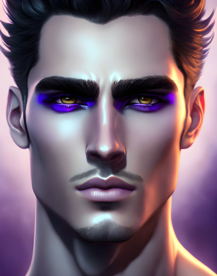 Digital portrait of man with purple eyes and arched eyebrows on purple background