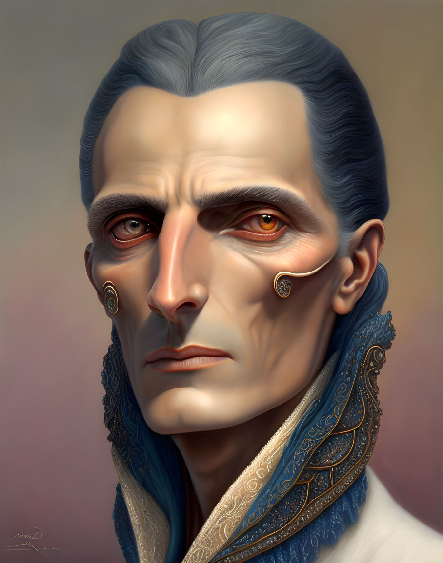 Male digital portrait: pale skin, orange eyes, blue hair, ornate earrings, high-coll