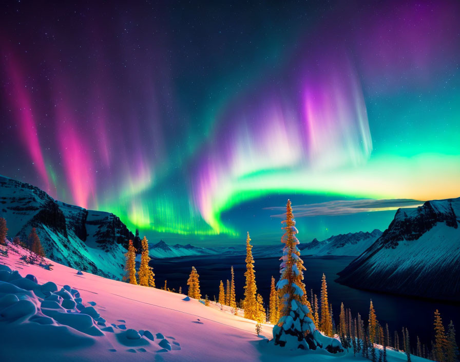 Colorful Aurora Borealis over Snowy Mountain Landscape