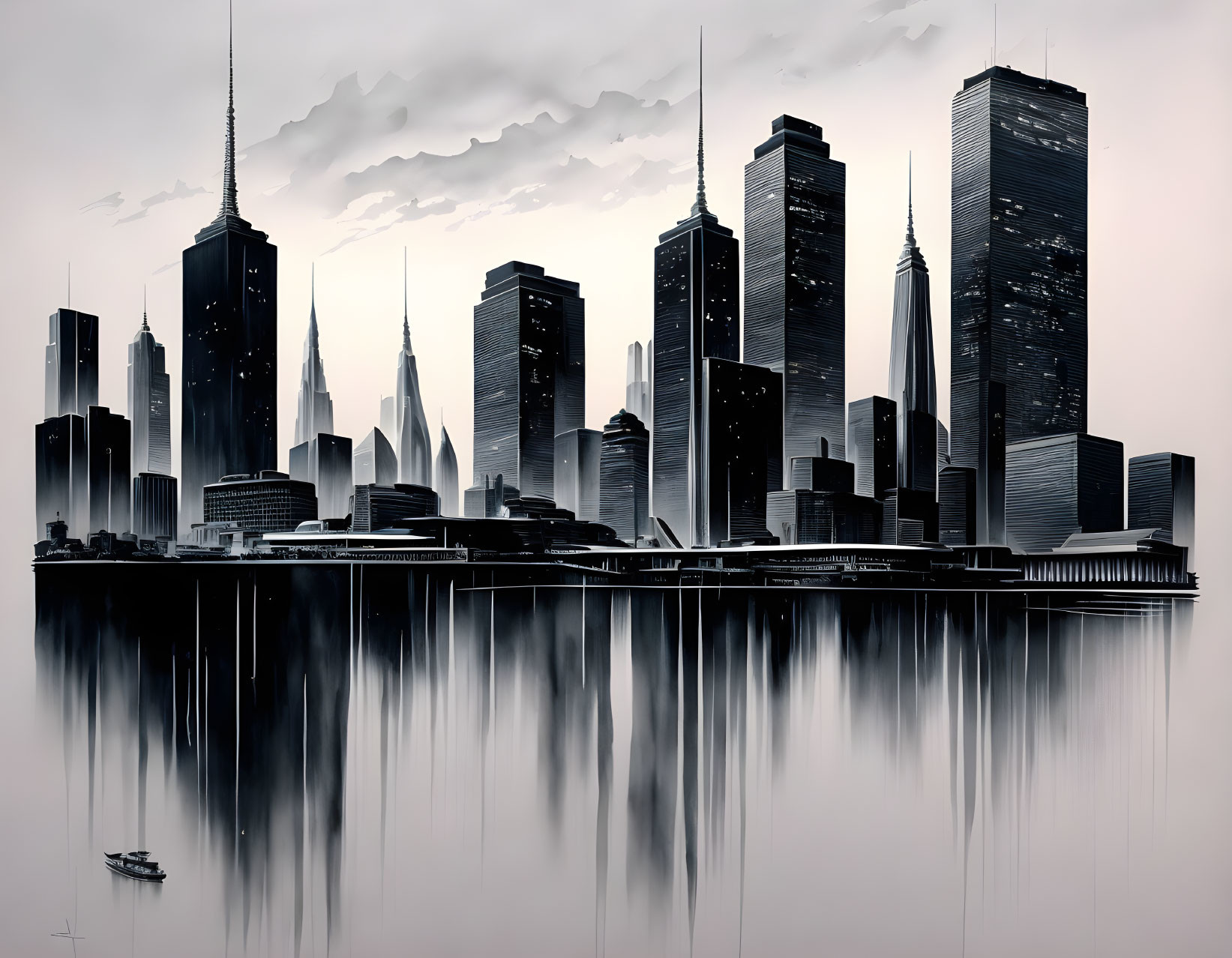 Monochromatic cityscape: skyscrapers, calm water, cloudy sky, small boat