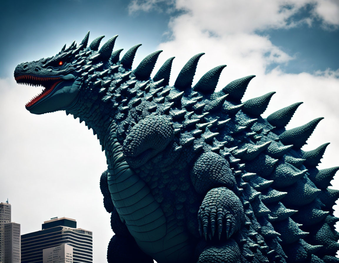 Giant Godzilla figure with spiky back plates in cityscape against cloudy sky