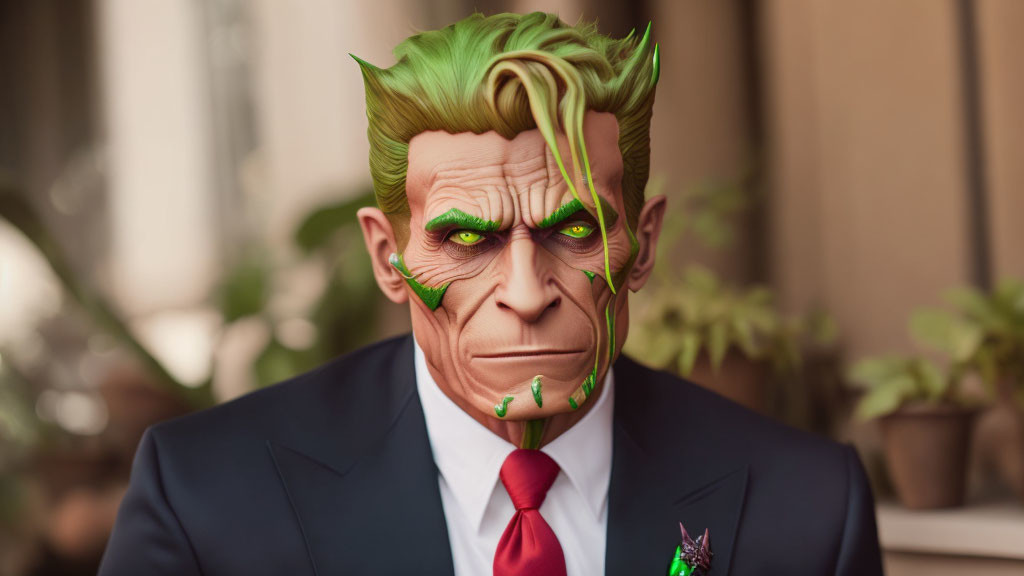 Man with Green Hair and Joker-Inspired Scars in Suit and Tie