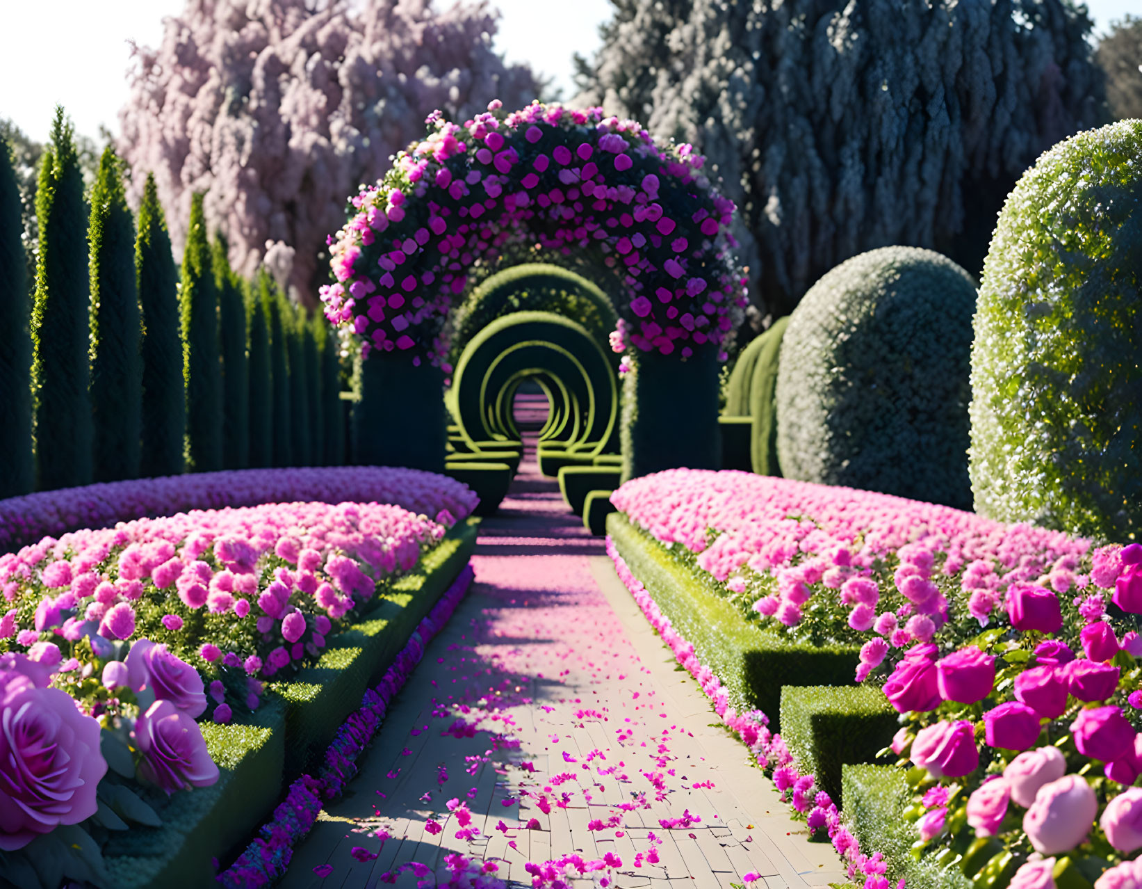 Lush garden pathway with pink flowers and archway surrounded by blooming trees