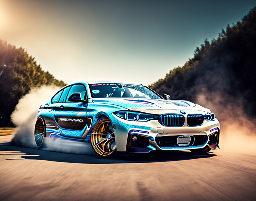 Blue BMW sports car with vibrant graphics drifting on asphalt road