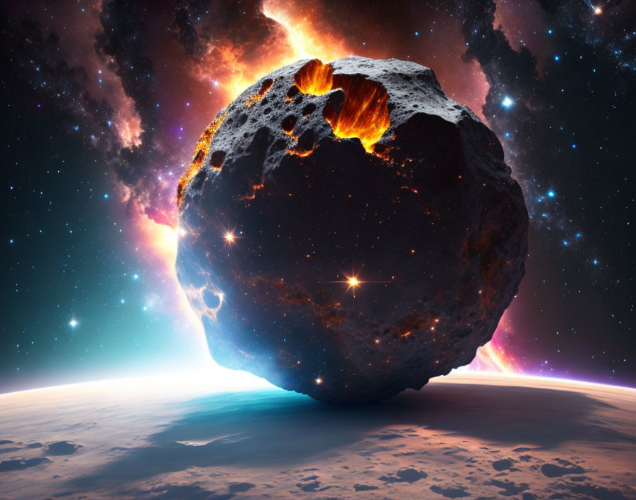 Fiery asteroid nearing planet with visible atmosphere in space.