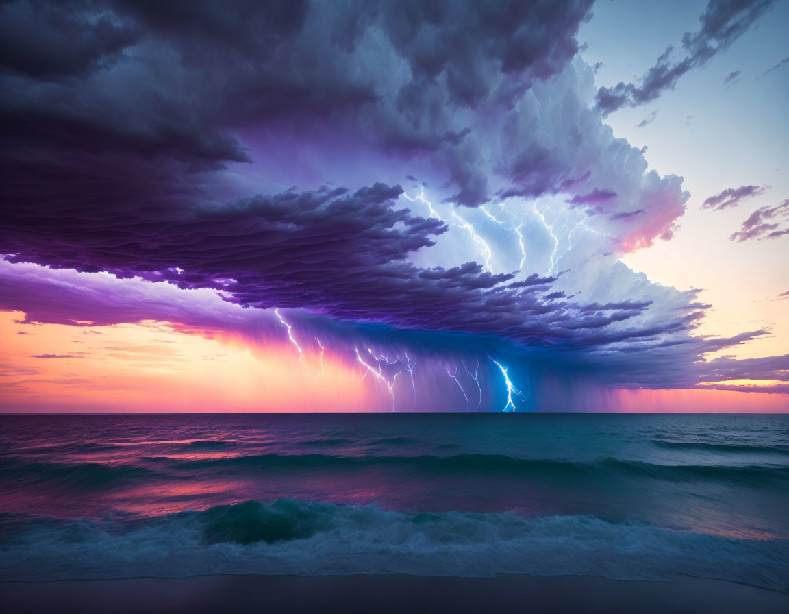 Dramatic ocean storm with lightning bolts and colorful sunset sky