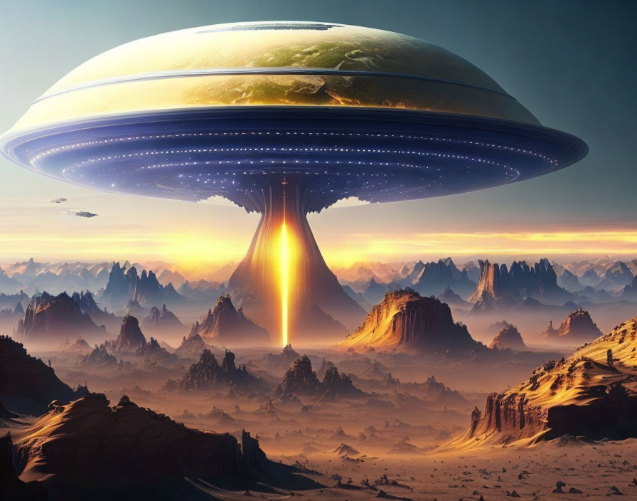 Enormous UFO over alien landscape emitting bright beam at sunset