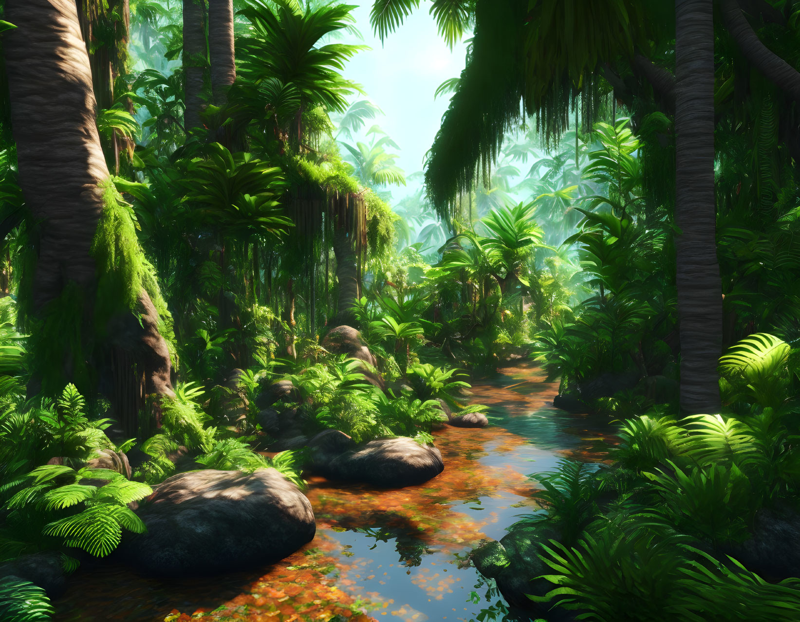 Tranquil Tropical Jungle with Palm Trees and Stream