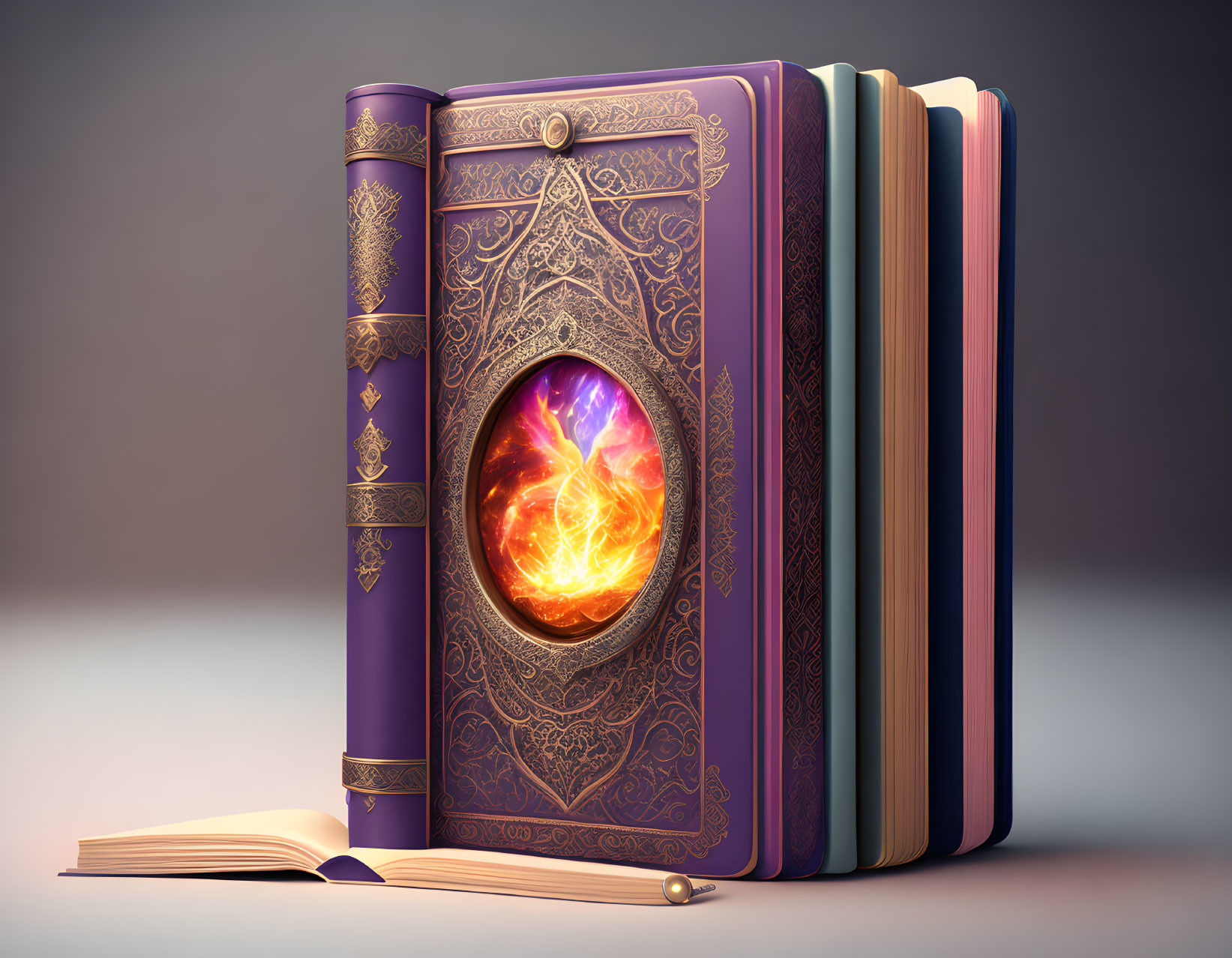 Ornate purple book with fiery orb and golden designs