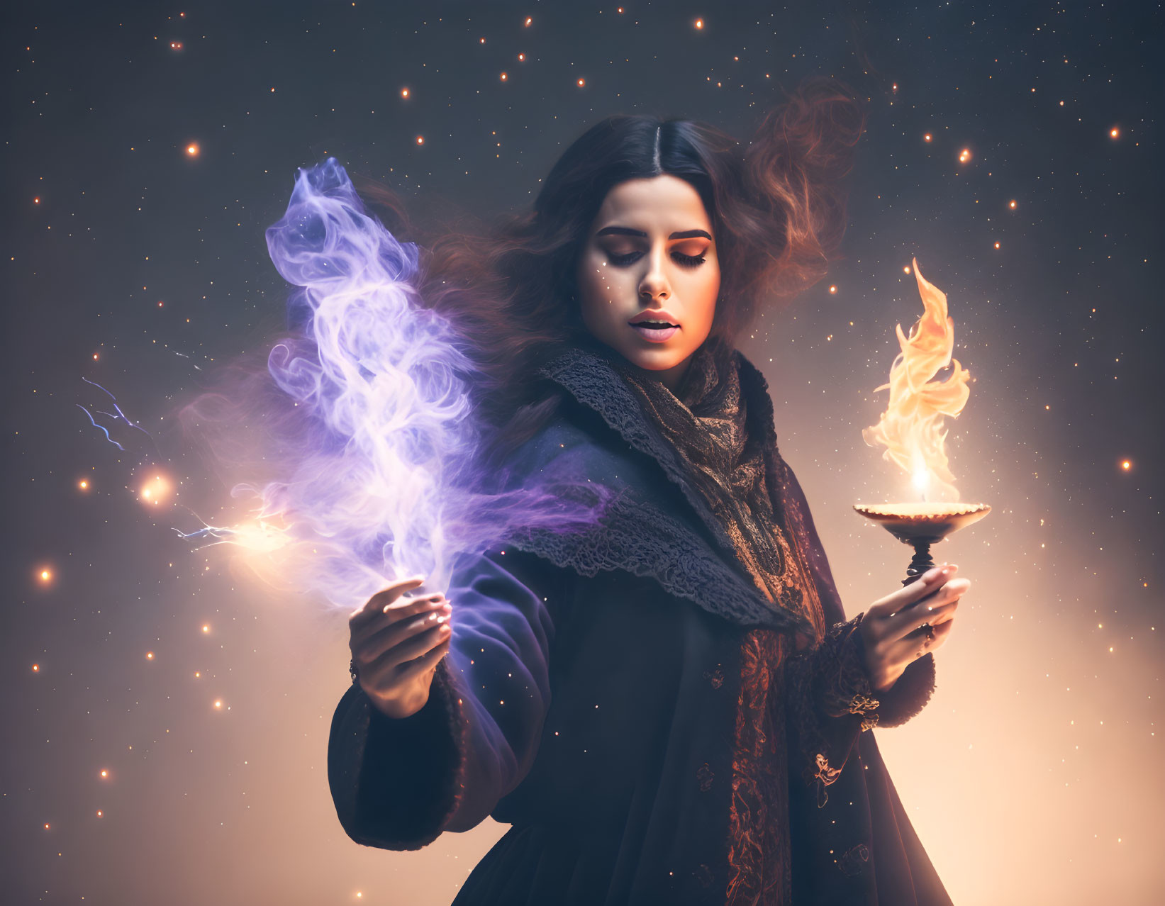 Mystical woman with flaming torch conjures purple smoke on starry background