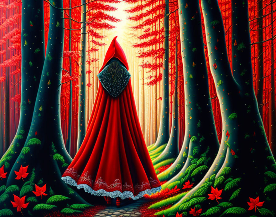 Person in Red Cloak Walking in Mystical Forest with Tall Trees