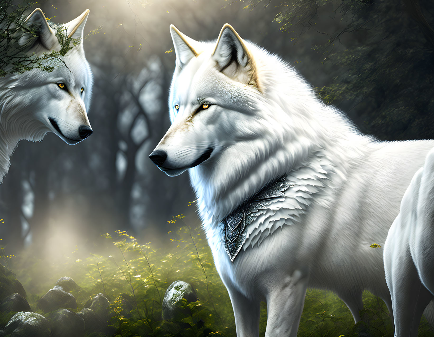 Majestic white wolves with yellow eyes in misty forest