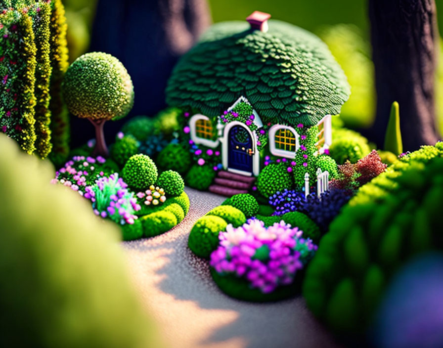 Miniature fairy-tale house with green roof in vibrant garden forest setting