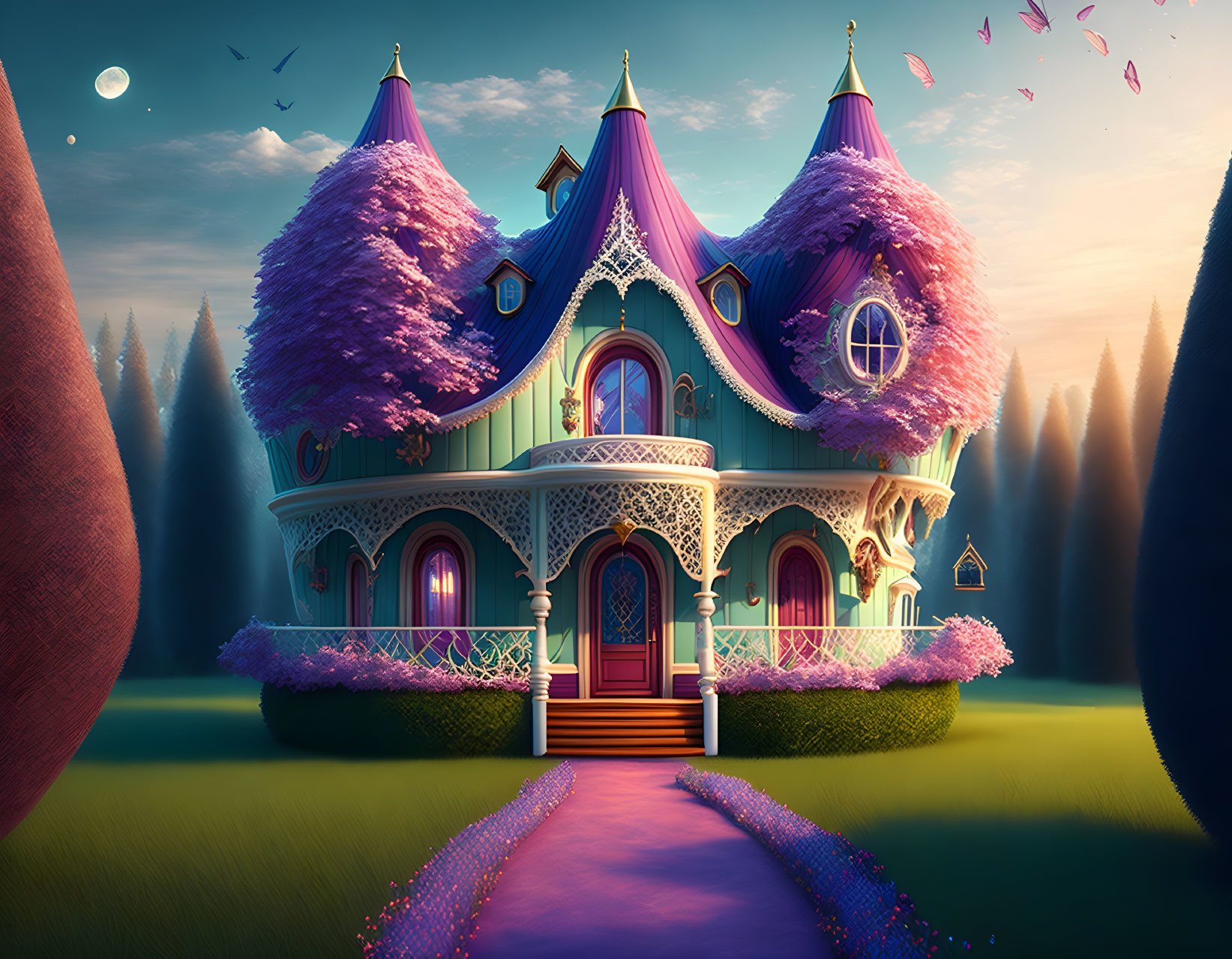 Enchanting house with purple trees in magical forest at dusk
